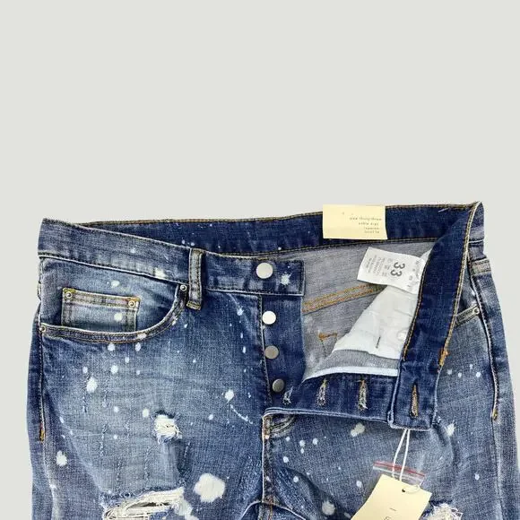 MNML Splash Stretch Denim Jeans Blue Paint Splatter Distressed Ankle Zip 33 - Picture 8 of 8